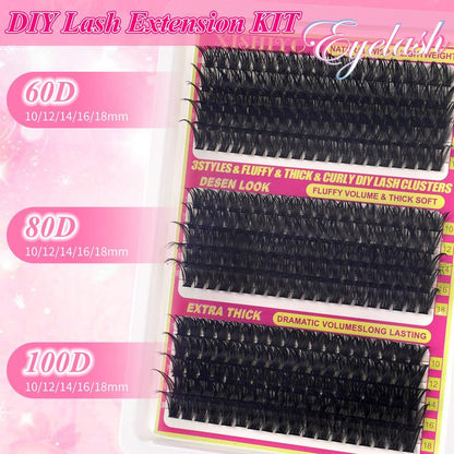 Large Capacity Mixed Styles Cluster Eyelash Set, D Curl Design, DIY Personal False Lashes Kit with Glue and Adhesive, Daily Use Party Use