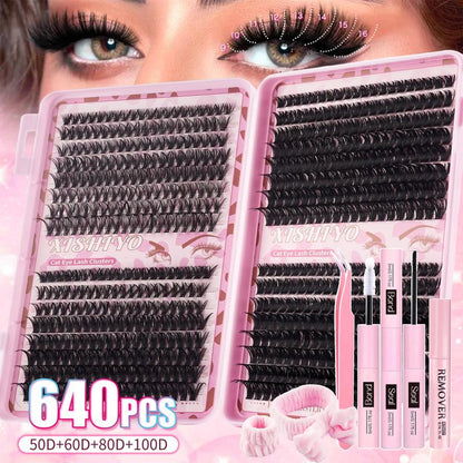 Large Capacity Mixed Styles Cluster Eyelash Set, D Curl Design, DIY Personal False Lashes Kit with Glue and Adhesive, Daily Use Party Use