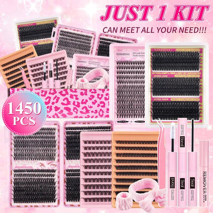 Large Capacity Mixed Styles Cluster Eyelash Set, D Curl Design, DIY Personal False Lashes Kit with Glue and Adhesive, Daily Use Party Use