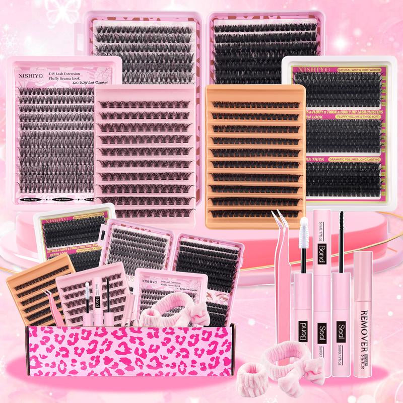 Large Capacity Mixed Styles Cluster Eyelash Set, D Curl Design, DIY Personal False Lashes Kit with Glue and Adhesive, Daily Use Party Use
