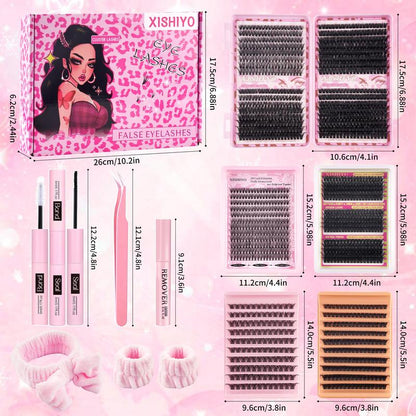 Large Capacity Mixed Styles Cluster Eyelash Set, D Curl Design, DIY Personal False Lashes Kit with Glue and Adhesive, Daily Use Party Use